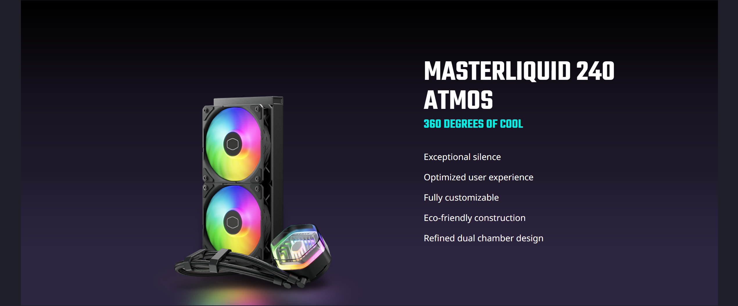 A large marketing image providing additional information about the product Cooler Master Masterliquid 240 ATMOS AIO Liquid Cooler - Additional alt info not provided